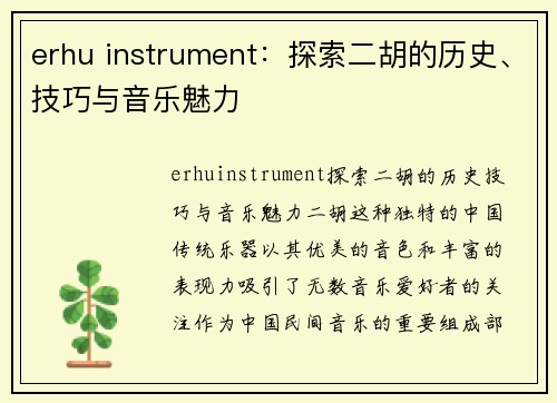 erhu instrument：探索二胡的历史、技巧与音乐魅力